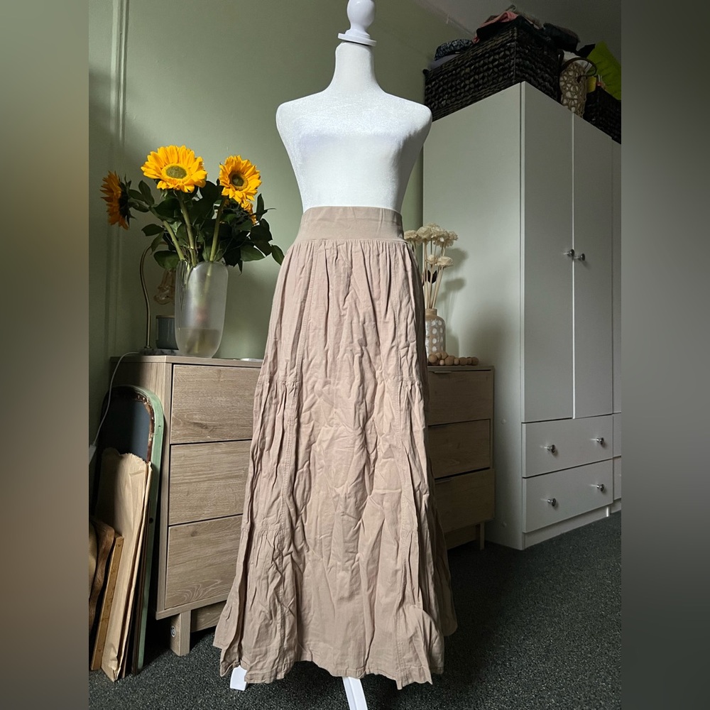 Tan Beige 100% Cotton A-Line Maxi Tiered Cargo Elastic High-Waist Modest Skirt